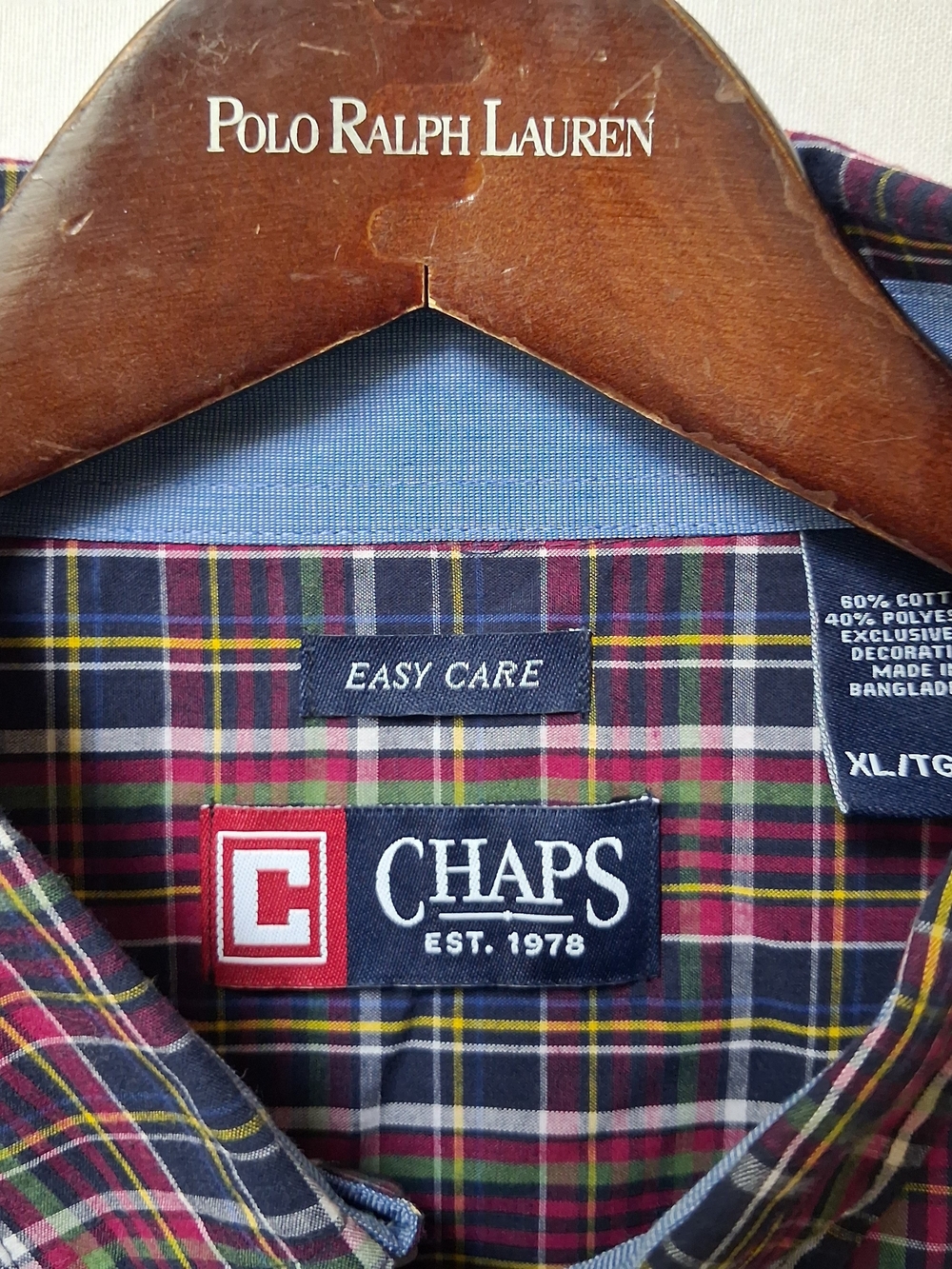 Chaps Mens XL Easy Care Plaid Button Down Shirt Long Sleeve Red Navy Multi NWT - Picture 5 of 5